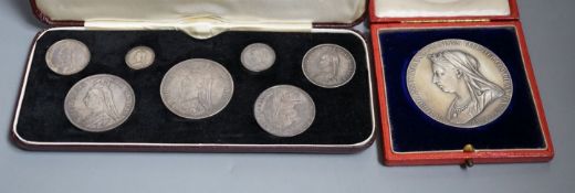 Victoria 1887 Golden Jubilee silver seven coin proof set and an 1897 medallion