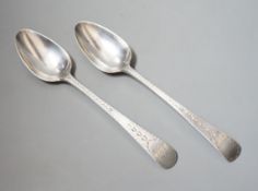A near pair of George III provincial silver Old English pattern table spoons, by Richard Ferris,