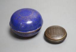 A Chinese white metal wire inlaid bronze seal paste box, 19th century and a cloisonne box, 8cm