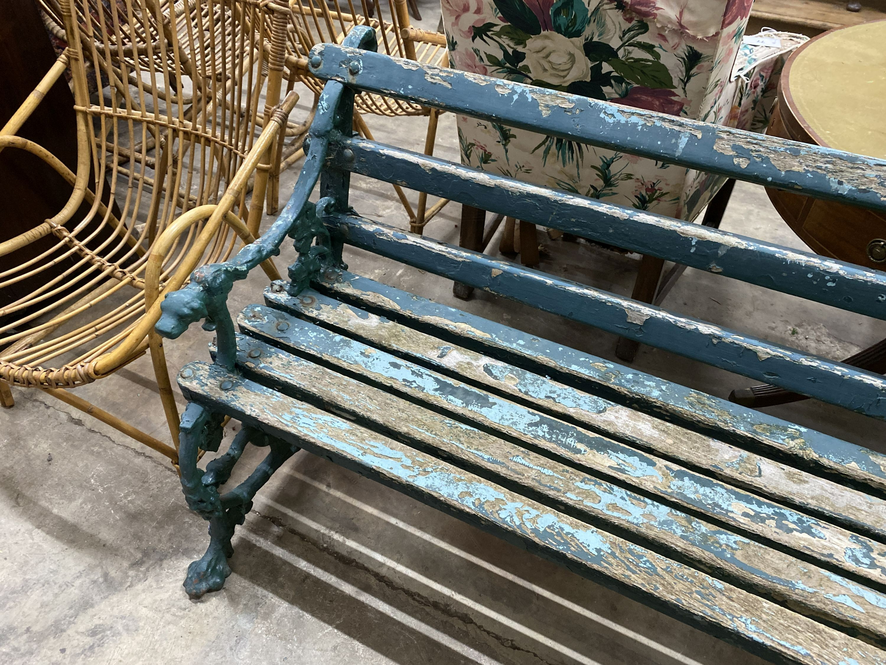 A Victorian Coalbrookdale painted cast iron serpent and grape slatted garden bench, length 160cm, - Image 2 of 4