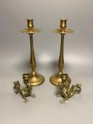 A pair of Benson-style bronze candlesticks, 32cm, and a pair of 'griffin' candle holders