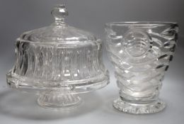 A large cut crystal cake stand together with a wave cut vase, 25cm tall, (2)