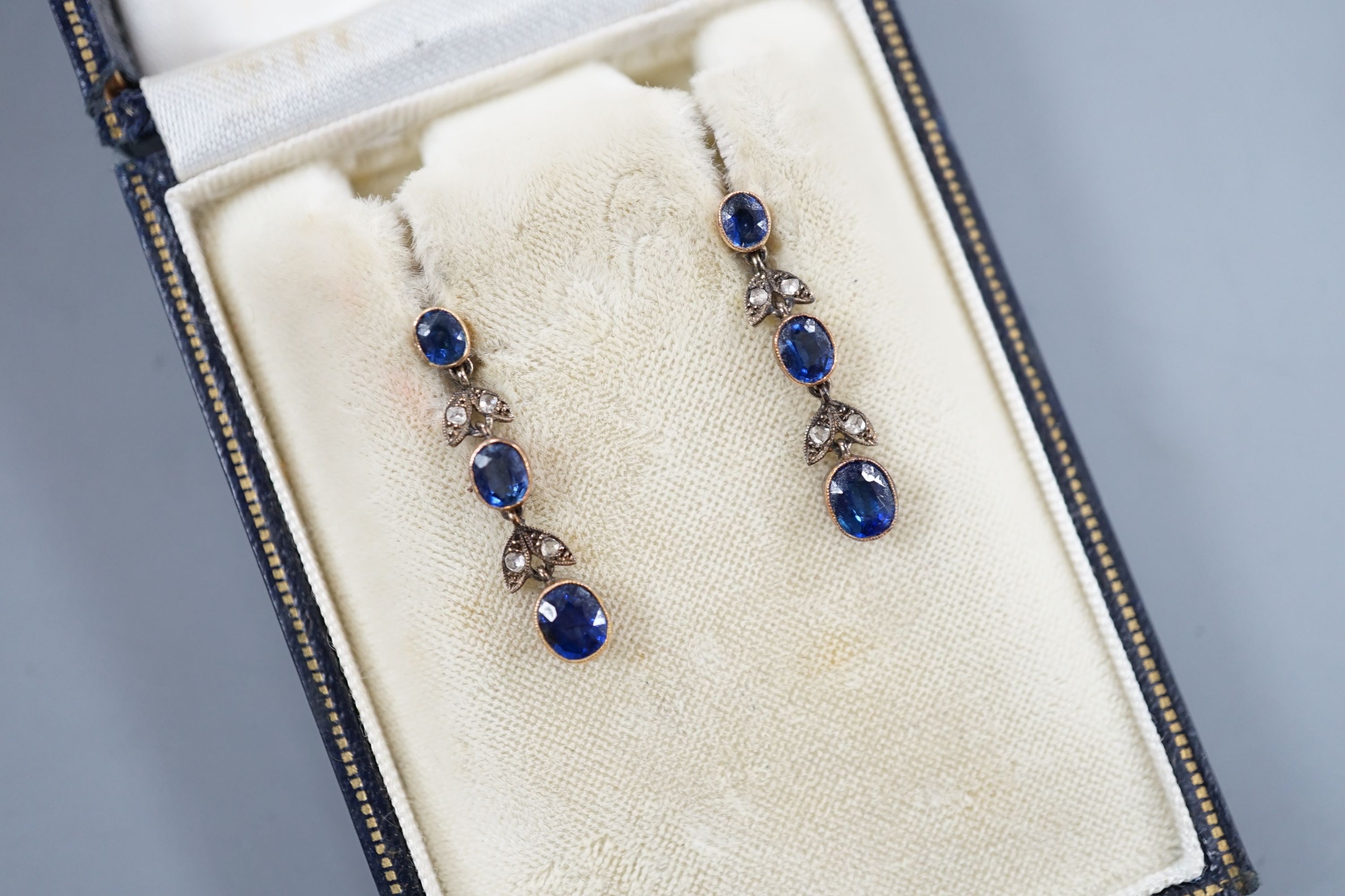 A pair of late Victorian 9ct, three stone sapphire and four stone rose cut diamond set drop - Image 2 of 3