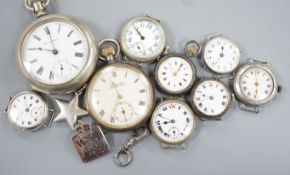 Four assorted early 20th century silver wrist watches, a silver fob watch, two base metal wrist
