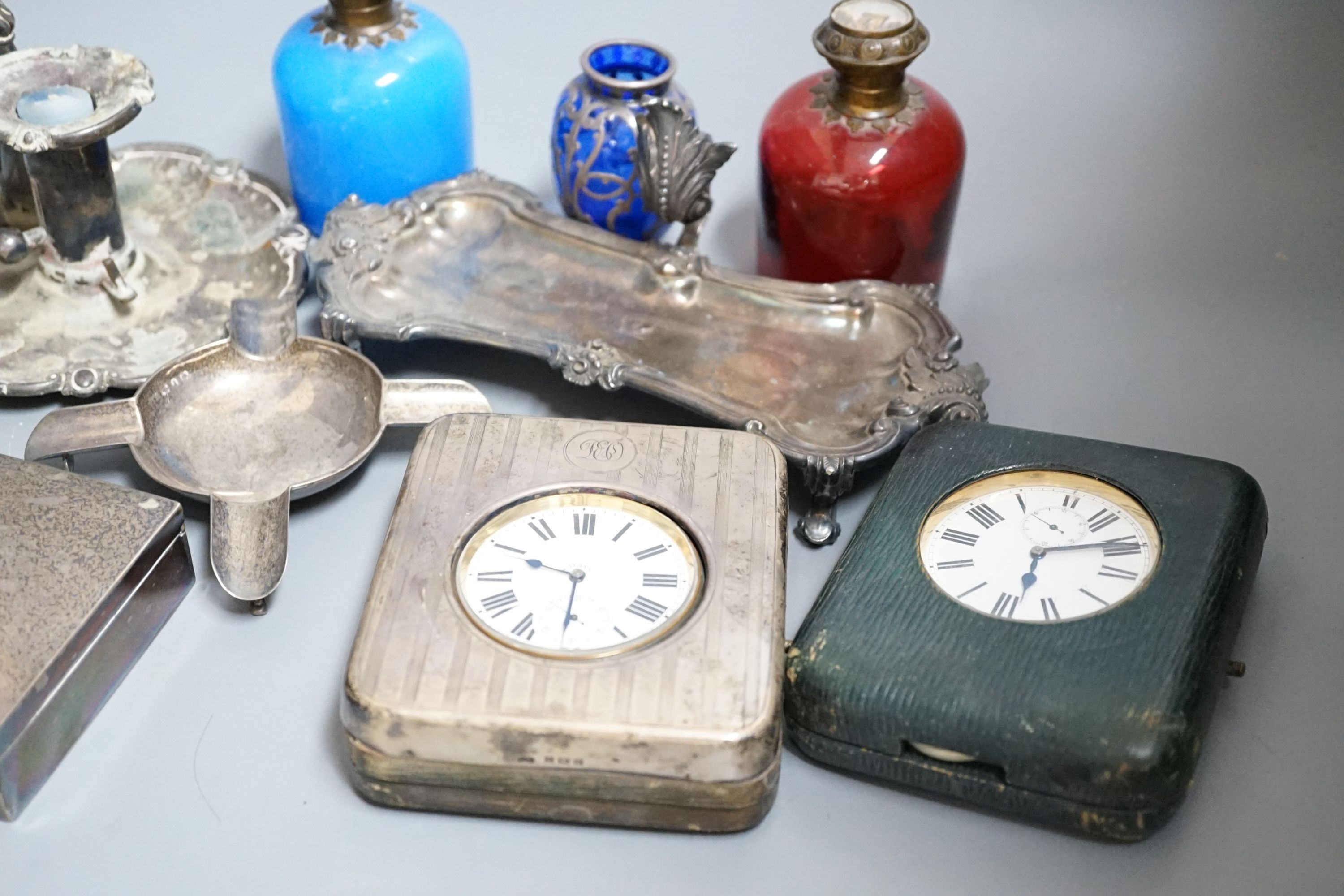 An Edwardian silver mounted travelling pocket watch case with 8-day pocket watch, one other - Image 5 of 5