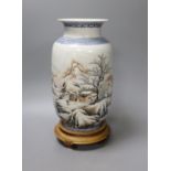 A mid 20th century Chinese enamelled porcelain winter landscape vase - 26cm tall including stand