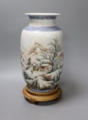 A mid 20th century Chinese enamelled porcelain winter landscape vase - 26cm tall including stand