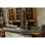 Seven Gothic style carved oak rail sections, largest height 144cm