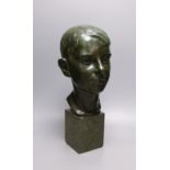 Ida Nelson, a green patinated bronze head of a boy, signed and dated 1926,42 cms high.