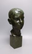 Ida Nelson, a green patinated bronze head of a boy, signed and dated 1926,42 cms high.