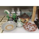 Various Chinese ceramics including a horse model, pair of horse vases, a dragon vase, a blue and