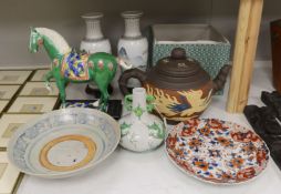 Various Chinese ceramics including a horse model, pair of horse vases, a dragon vase, a blue and