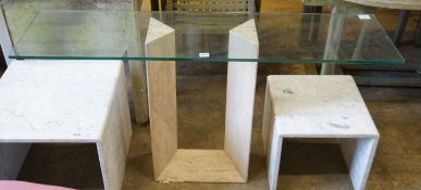 A contemporary rectangular glass topped and reconstituted marble console table, width 130cm, depth
