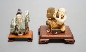 Two Japanese stained ivory okimono-netsuke of a priest and a man with a box, Taisho/early Showa