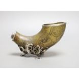 An 18th century, silver mounted decorated horn, with lapis mount,25 cms wide.