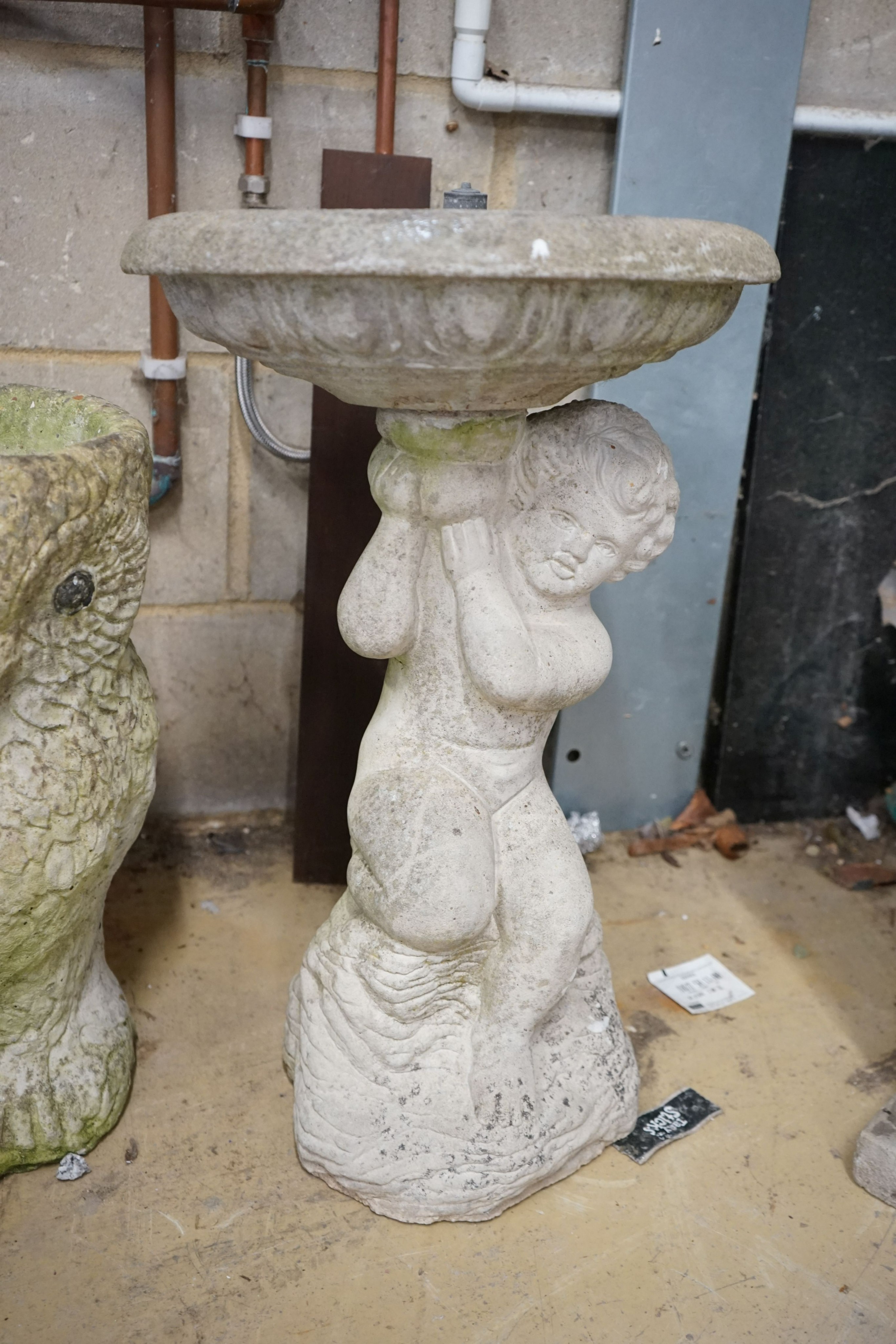 A reconstituted stone owl garden planter and a figural bird bath fountain, larger height 64cm - Image 3 of 3