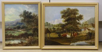 Two 19th century oils on board, landscape, signed indistinctly, and the other depicting cattle in