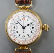 A gentleman's early 20th century 18k single button chronograph manual wind wrist watch, with