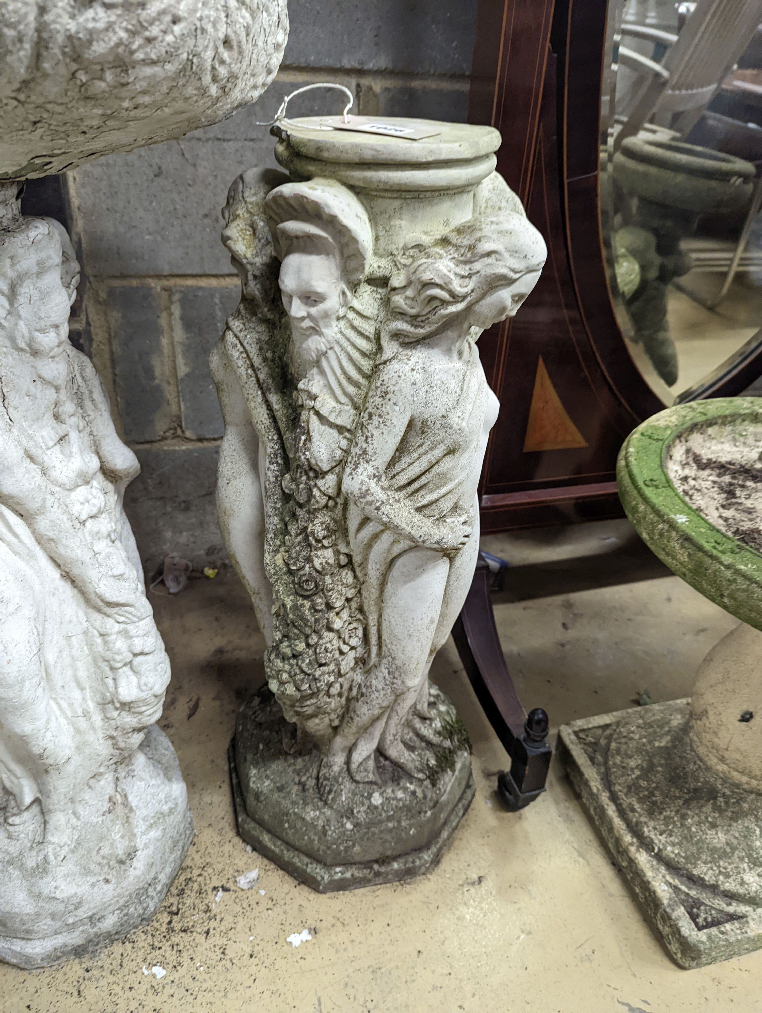 A circular reconstituted stone figural garden planter, diameter 48cm, height 82cm together with - Image 3 of 5