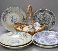 Six 19th century blue and white Chinese dishes, together with a basket of assorted fragments