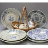 Six 19th century blue and white Chinese dishes, together with a basket of assorted fragments