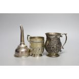 Two late 19th/early 20th century silver christening mugs and a modern silver wine funnel, 9.5oz.