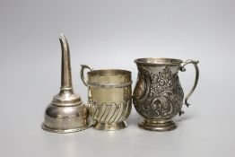 Two late 19th/early 20th century silver christening mugs and a modern silver wine funnel, 9.5oz.