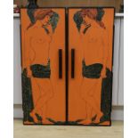 A pair of orange painted figural 1960's cabinet doors, by repute from 'Biba',36cms wide x94 cms