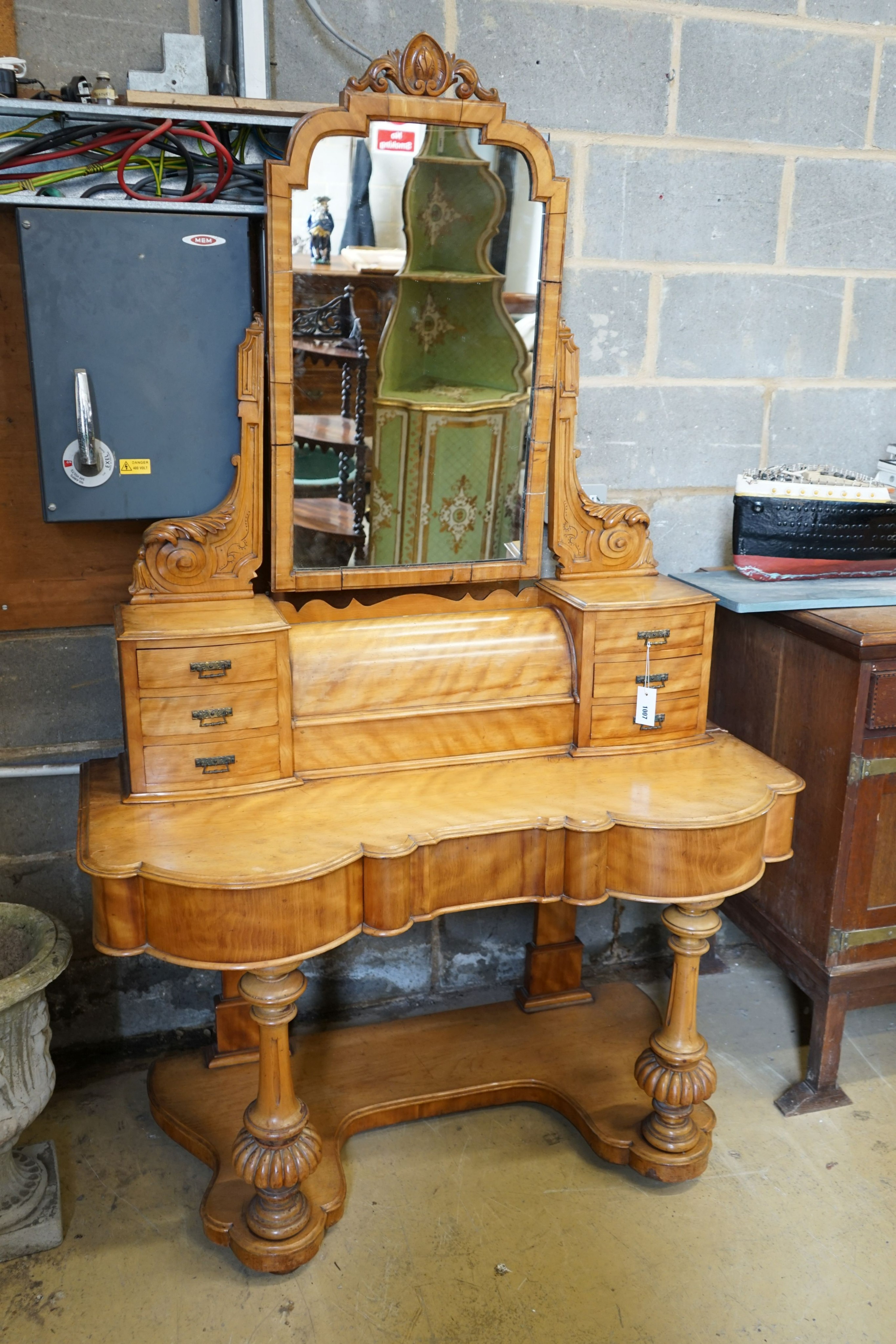 A Victorian satin birch duchess dressing table, width 122cm, depth 55cm, height 195cm - Image 2 of 6