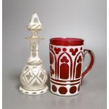 A Bohemian cranberry overlay mug and similar white overlay scent bottle,Scent bottle 17 cms high.