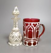 A Bohemian cranberry overlay mug and similar white overlay scent bottle,Scent bottle 17 cms high.