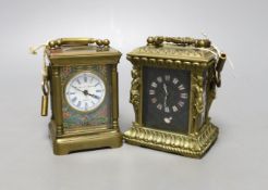 Two small reproduction brass and enamel and brass and cloisonné carriage timepieces,largest 8 cms