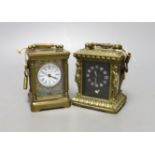 Two small reproduction brass and enamel and brass and cloisonné carriage timepieces,largest 8 cms