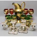 A Venetian green glass lemonade set, 4 red glass wine glasses and a pair of plated candelabra,jug 29