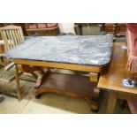A 19th century French bird's eye maple marble topped console table, width 130cm, depth 64cm,