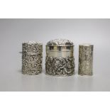 Two Edwardian silver mounted scent bottles, London, 1907, tallest 69mm and a silver embossed box and