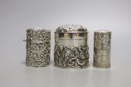 Two Edwardian silver mounted scent bottles, London, 1907, tallest 69mm and a silver embossed box and