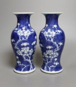 A pair of early 20th century Chinese prunus blue and white baluster form vases,16 cms high.