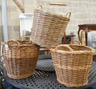 Three aassorted wicker baskets, largest width 59cm, height 53cm