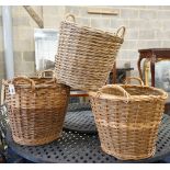 Three aassorted wicker baskets, largest width 59cm, height 53cm