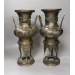 A pair of Japanese bronze vases, one handle a.f. - 40cm tall