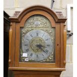 A late 19th century Danish oak cased thirty hour longcase clock, with dial dated 1887, height 220cm