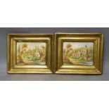 A pair of 19th century painted pottery hanging wall plaques depicting village scenes - 17 x 20cm