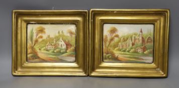 A pair of 19th century painted pottery hanging wall plaques depicting village scenes - 17 x 20cm