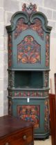 An Italian 18th century style carved polychrome painted standing corner cabinet, width 80cm, depth
