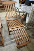 A brass mounted teak garden steamer chair, labelled Lindsey