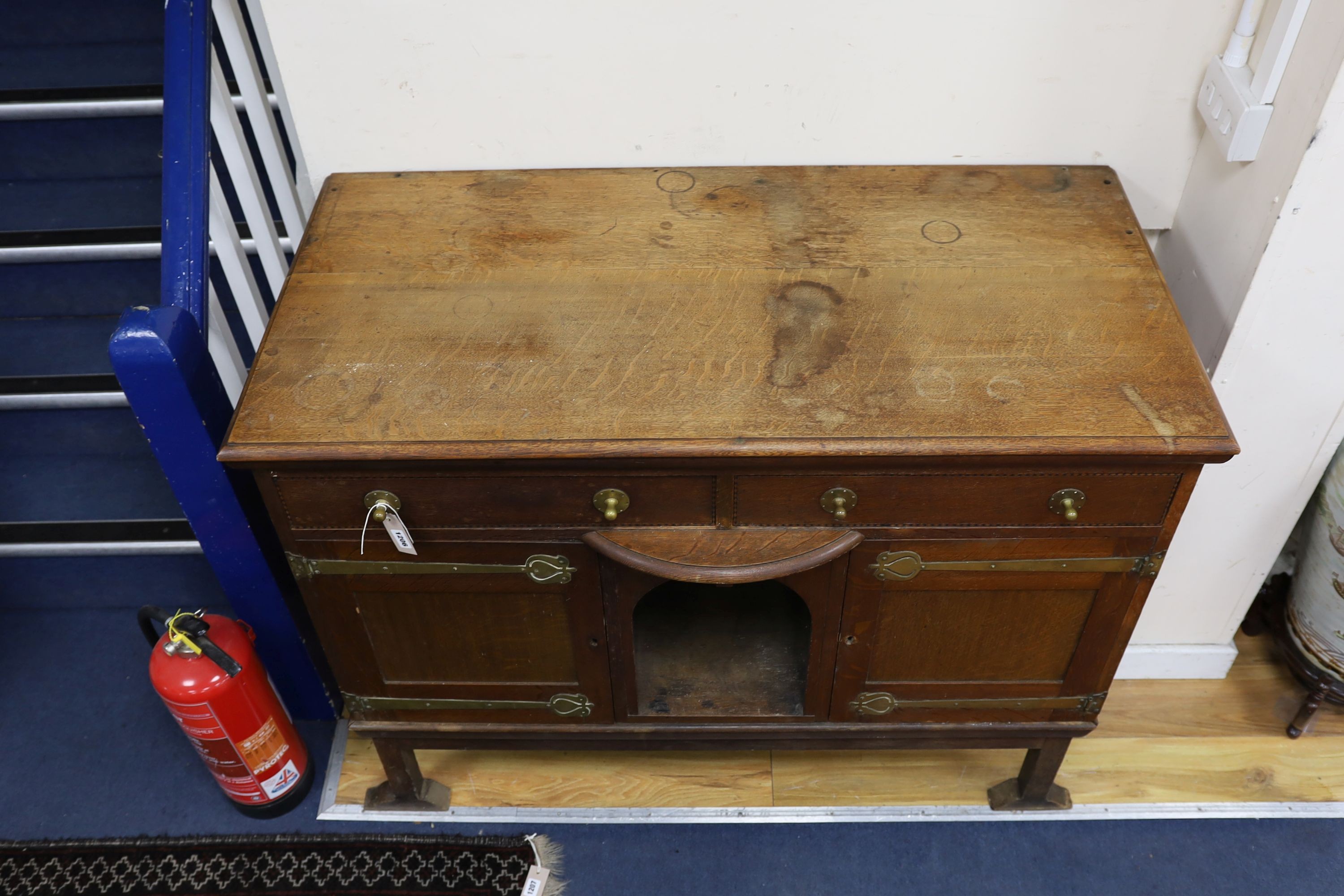 An Art Nouveau brass mounted oak buffet in the style of Voysey, length 124cm, depth 60cm, height - Image 3 of 3