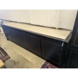 A 20th century black lacquer four door buffet with reconstituted marble top, width 281cm, depth