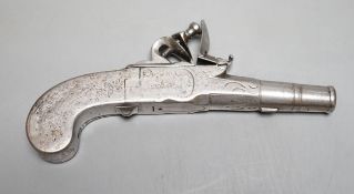 An 18th century steel flintlock pistol, maker London Segalas,15 cms long.