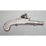 An 18th century steel flintlock pistol, maker London Segalas,15 cms long.